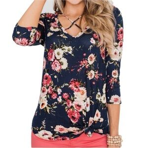 NWT‎ Navy Floral Criss-Cross Top – V-Neck Blouse M